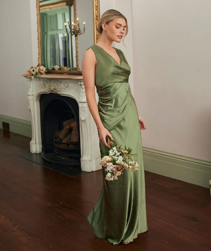 Hot Deal Plunge Drape Detail Satin Bridesmaid Dress - Moss Green