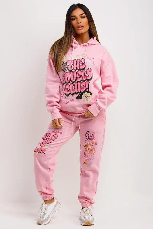 Lowest Prices Tracksuit Hoodie Joggers Set With Graphic Print Pink