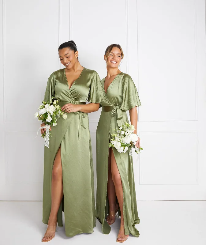 Mega Sale Wrap Tie Satin Bridesmaid Dress - Moss Green