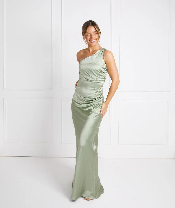 Limited Time Offer One Shoulder Satin Ruched Bridesmaid Dress - Sage