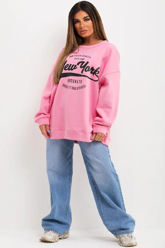 Price Smash Sweatshirt With New York Slogan Oversized Fit Pink