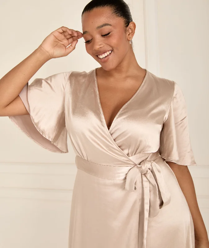 Buy More, Save More Wrap Tie Satin Bridesmaid Dress - Oyster
