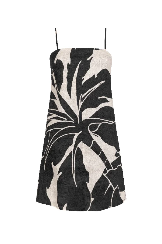 Deal Dash 'KU' Linen Mini Dress - Black Print
